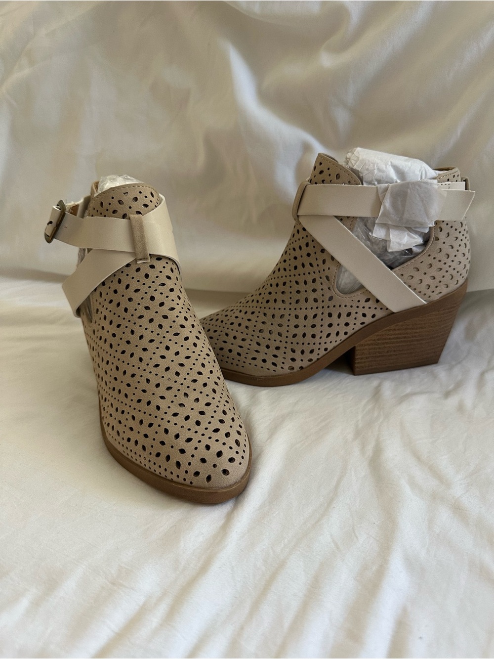 Qupid Women's Perforated Cutout Ankle Bootie in Taupe - Picture 2 of 4